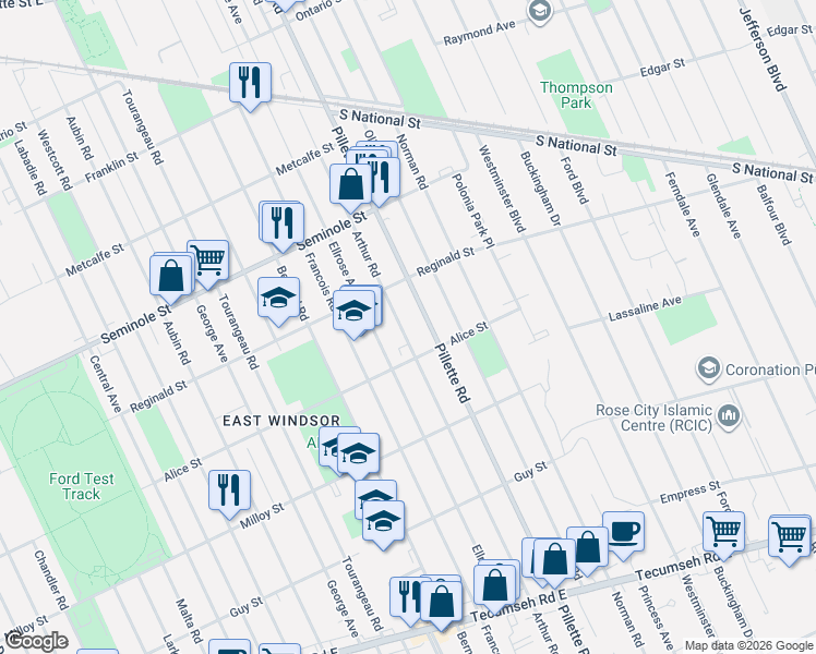 map of restaurants, bars, coffee shops, grocery stores, and more near 1670 Arthur Road in Windsor