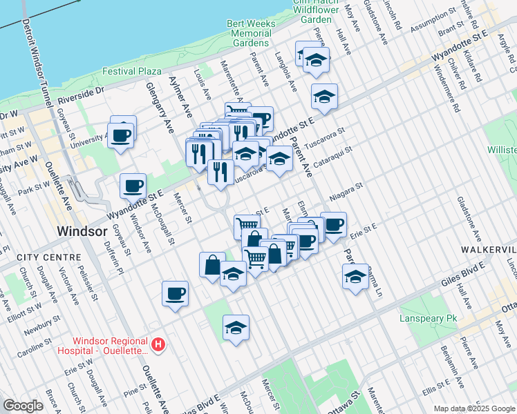 map of restaurants, bars, coffee shops, grocery stores, and more near in Windsor