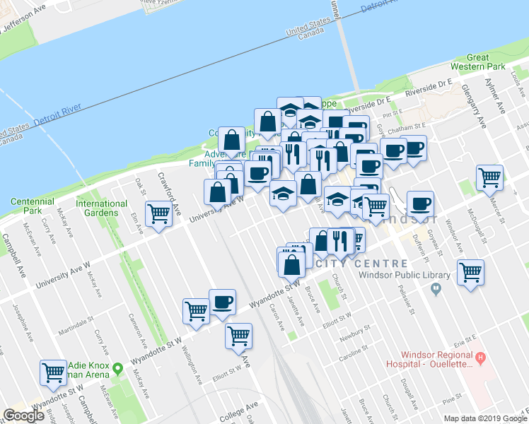 map of restaurants, bars, coffee shops, grocery stores, and more near 391 Bruce Avenue in Windsor