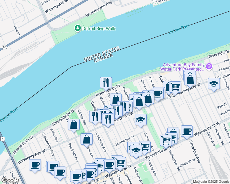 map of restaurants, bars, coffee shops, grocery stores, and more near in Windsor