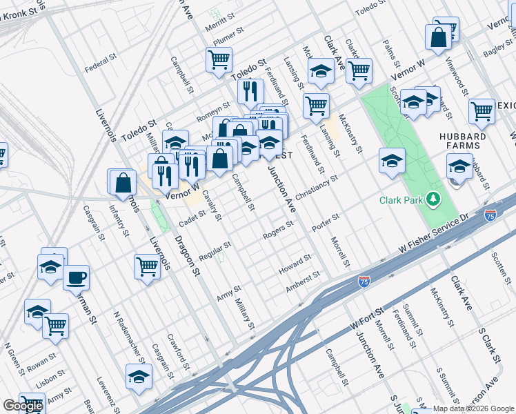 map of restaurants, bars, coffee shops, grocery stores, and more near 5670 Christiancy Street in Detroit