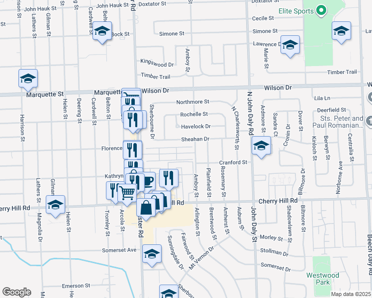 map of restaurants, bars, coffee shops, grocery stores, and more near 27104 Cranford Lane in Dearborn Heights