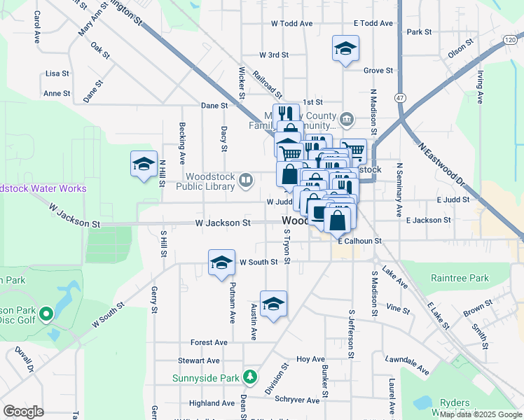 map of restaurants, bars, coffee shops, grocery stores, and more near 444 West Jackson Street in Woodstock