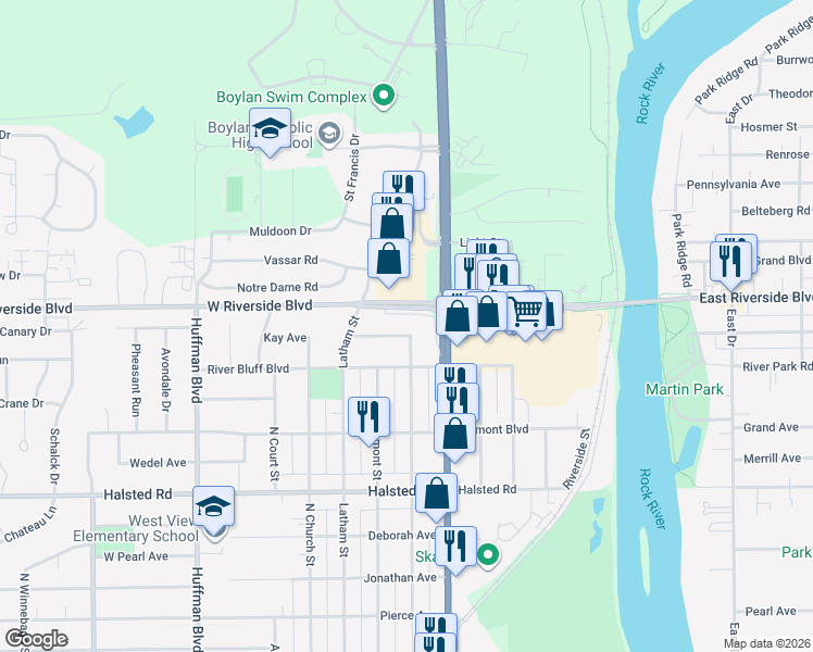 map of restaurants, bars, coffee shops, grocery stores, and more near 1207 Kay Avenue in Rockford