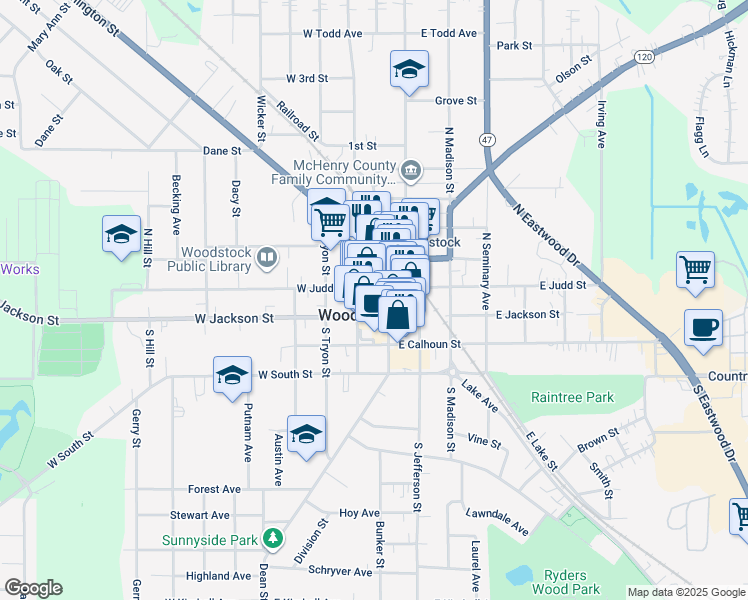 map of restaurants, bars, coffee shops, grocery stores, and more near 100 South Johnson Street in Woodstock