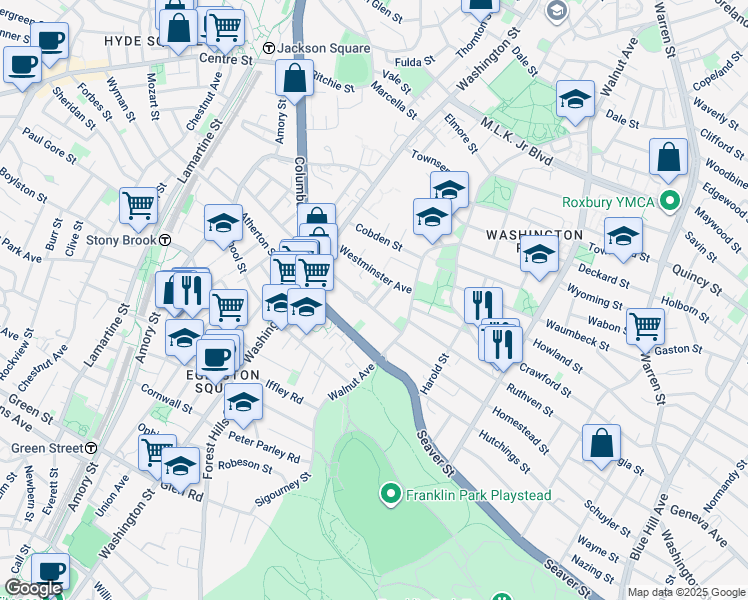 map of restaurants, bars, coffee shops, grocery stores, and more near 19 Wardman Road in Boston