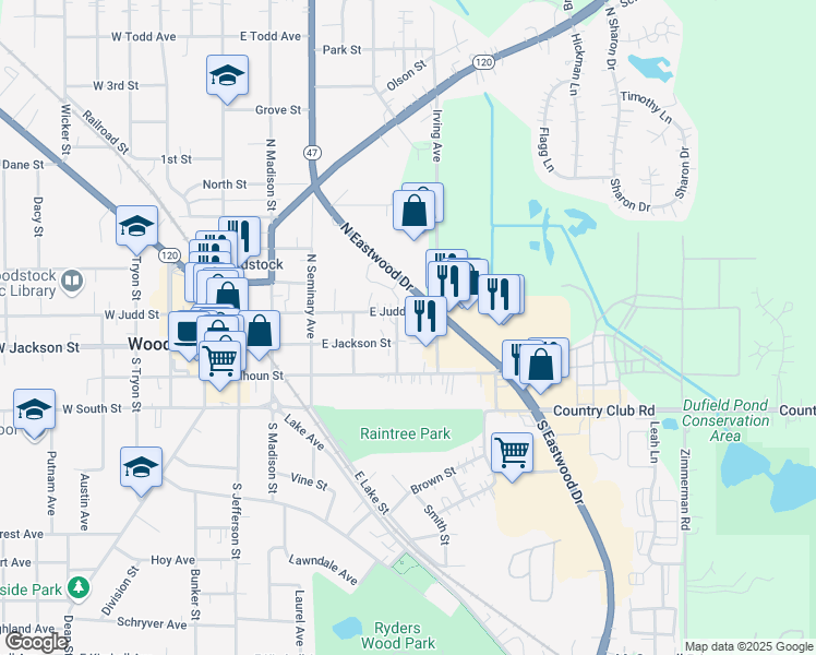 map of restaurants, bars, coffee shops, grocery stores, and more near 610 East Judd Street in Woodstock