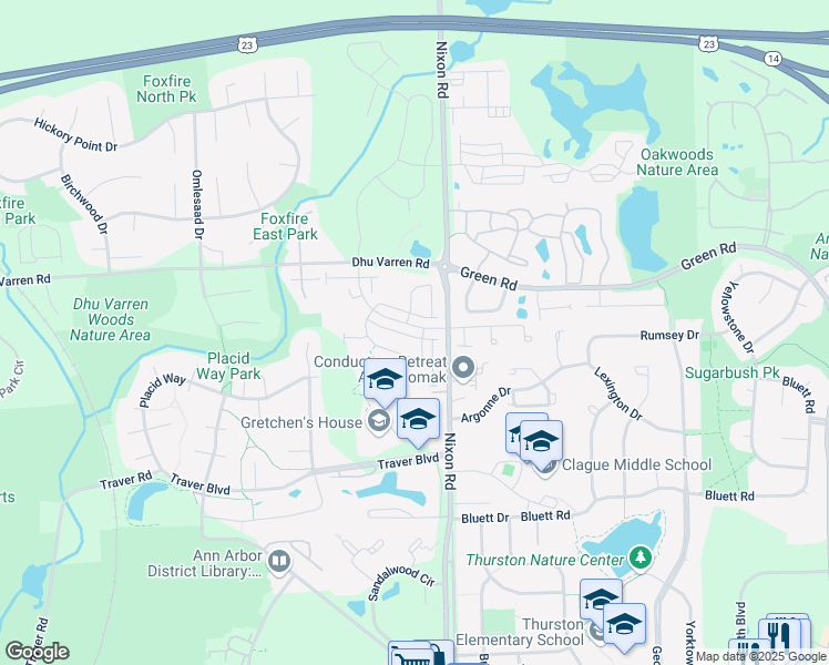 map of restaurants, bars, coffee shops, grocery stores, and more near 2718 Spurway Drive South in Ann Arbor