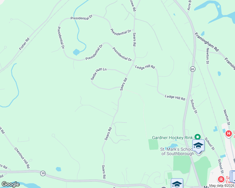 map of restaurants, bars, coffee shops, grocery stores, and more near 56 Sears Road in Southborough