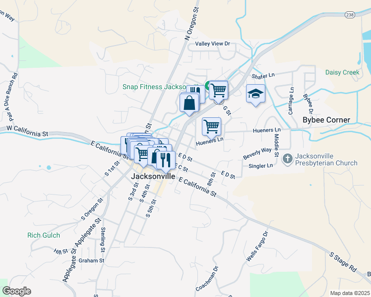 map of restaurants, bars, coffee shops, grocery stores, and more near 380 East E Street in Jacksonville