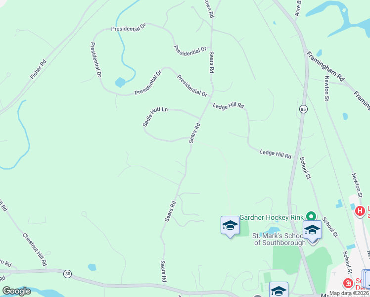 map of restaurants, bars, coffee shops, grocery stores, and more near 56 Sears Road in Southborough