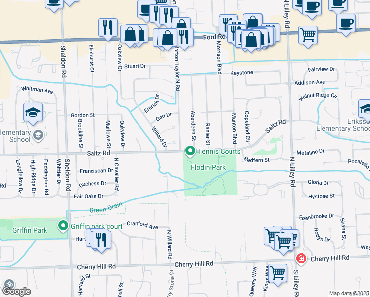 map of restaurants, bars, coffee shops, grocery stores, and more near 1324 Morton Taylor North Road in Canton