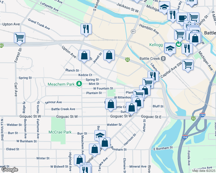 map of restaurants, bars, coffee shops, grocery stores, and more near 134 West Fountain Street in Battle Creek