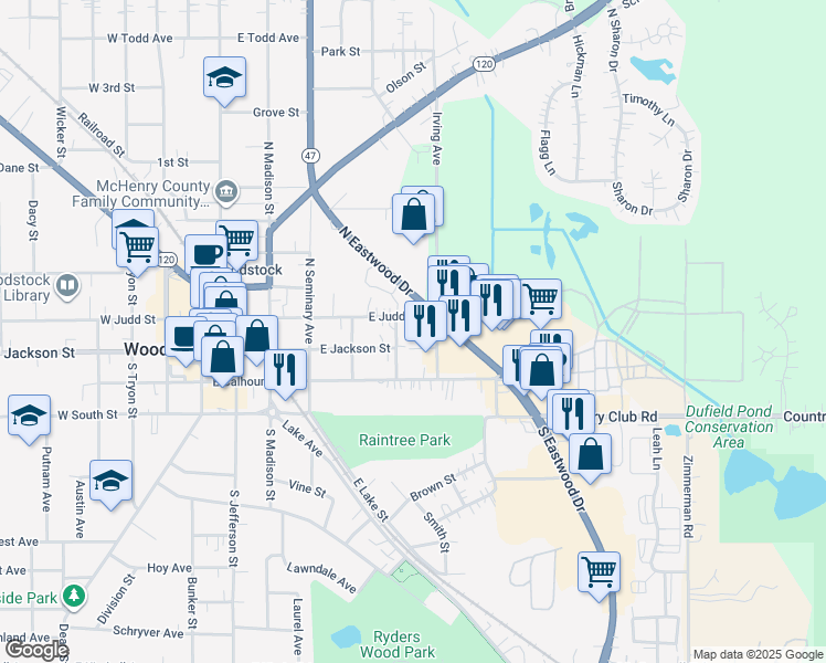 map of restaurants, bars, coffee shops, grocery stores, and more near 610 East Judd Street in Woodstock
