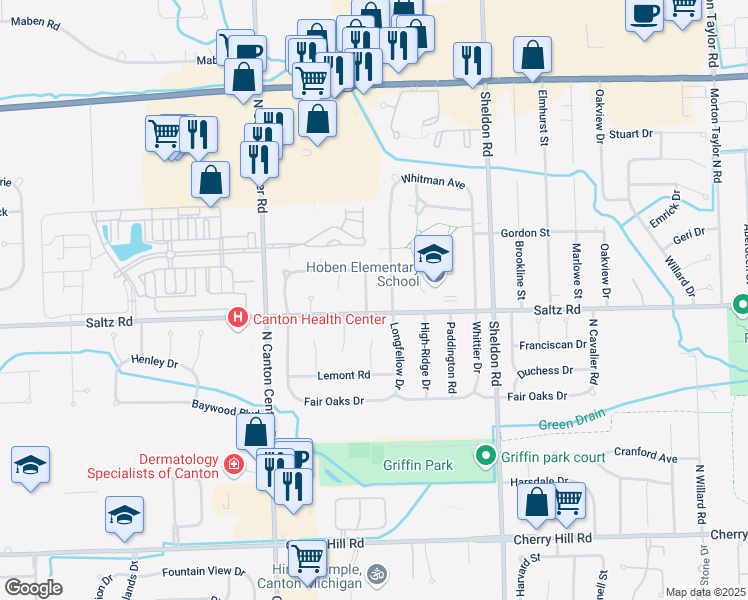 map of restaurants, bars, coffee shops, grocery stores, and more near 1309 Longfellow Drive in Canton