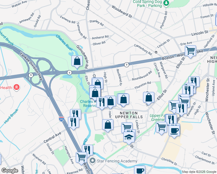map of restaurants, bars, coffee shops, grocery stores, and more near 90 Rockland Place in Newton
