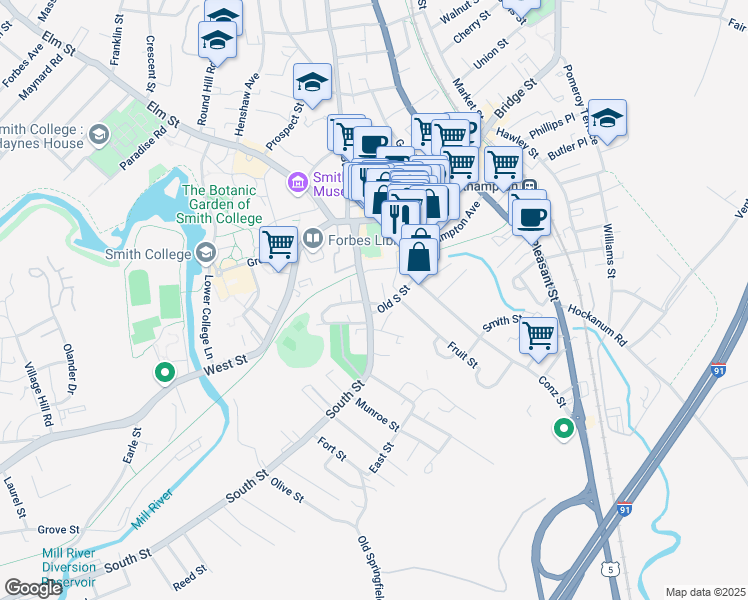 map of restaurants, bars, coffee shops, grocery stores, and more near 5 Clark Avenue in Northampton