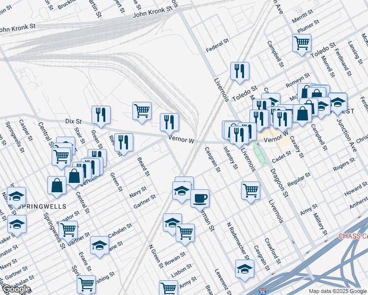 map of restaurants, bars, coffee shops, grocery stores, and more near 6575 W Vernor Hwy in Detroit