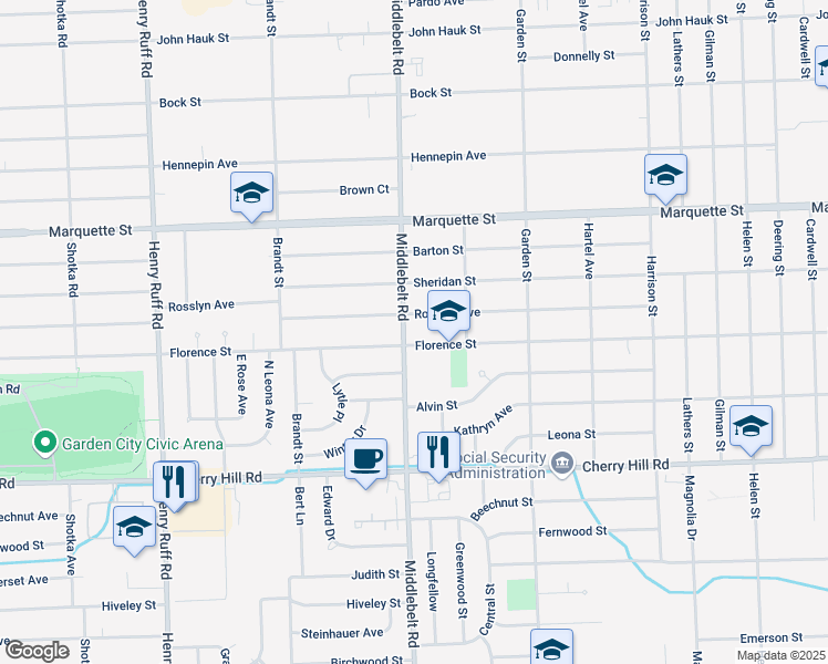 map of restaurants, bars, coffee shops, grocery stores, and more near 29186 Florence Street in Garden City