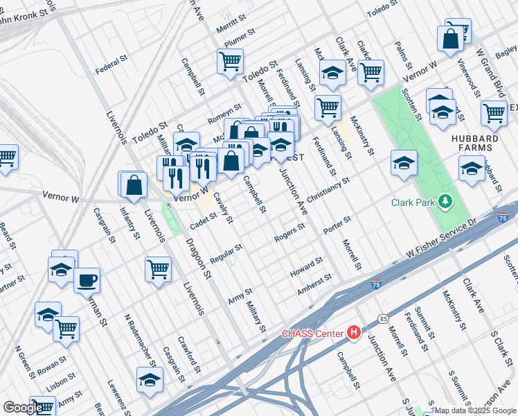map of restaurants, bars, coffee shops, grocery stores, and more near 1553 Campbell Street in Detroit