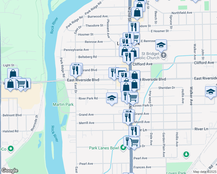 map of restaurants, bars, coffee shops, grocery stores, and more near 338 Sheridan Drive in Loves Park