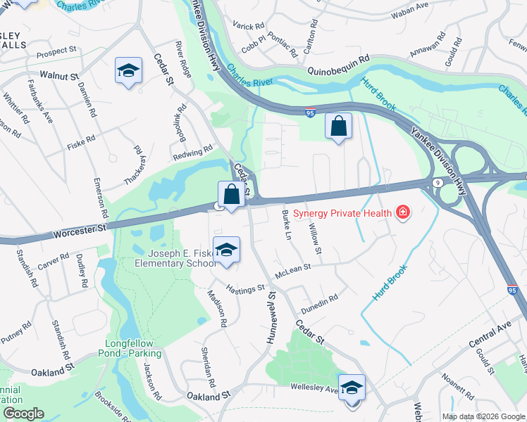 map of restaurants, bars, coffee shops, grocery stores, and more near 192 Worcester Street in Wellesley