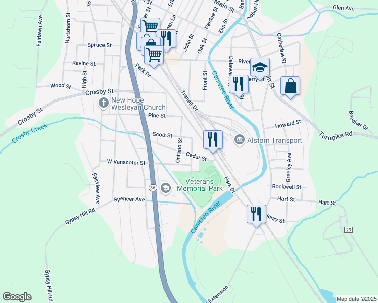 map of restaurants, bars, coffee shops, grocery stores, and more near 73 Cedar Street in Hornell