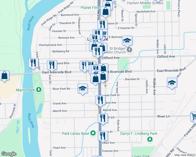 map of restaurants, bars, coffee shops, grocery stores, and more near 5802 North 2nd Street in Loves Park