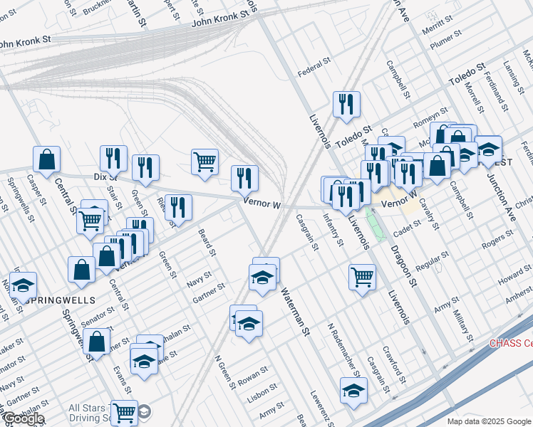 map of restaurants, bars, coffee shops, grocery stores, and more near 6575 Vernor Highway in Detroit