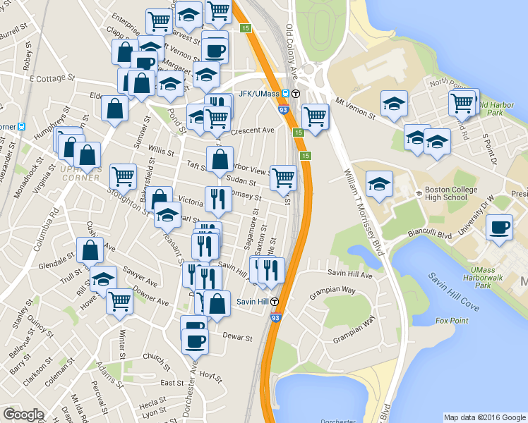 map of restaurants, bars, coffee shops, grocery stores, and more near 79 Saxton Street in Boston