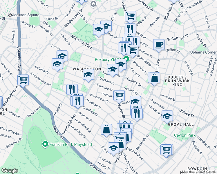 map of restaurants, bars, coffee shops, grocery stores, and more near 12 Wyoming Street in Boston