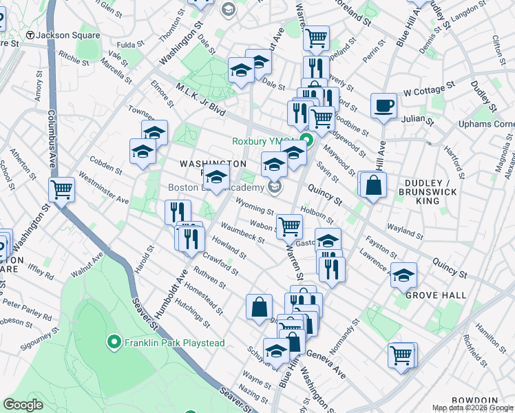 map of restaurants, bars, coffee shops, grocery stores, and more near 12 Wyoming Street in Boston