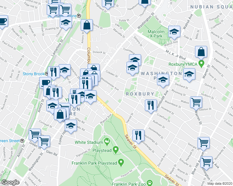 map of restaurants, bars, coffee shops, grocery stores, and more near 27 Hilton Terrace in Boston
