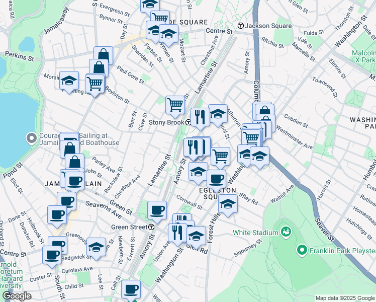 map of restaurants, bars, coffee shops, grocery stores, and more near 278 Amory Street in Boston