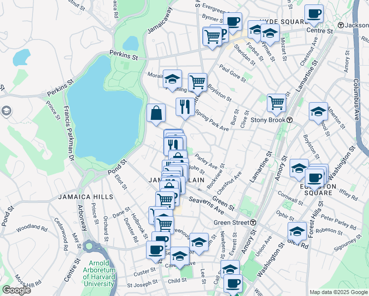 map of restaurants, bars, coffee shops, grocery stores, and more near 11 Parley Avenue in Boston