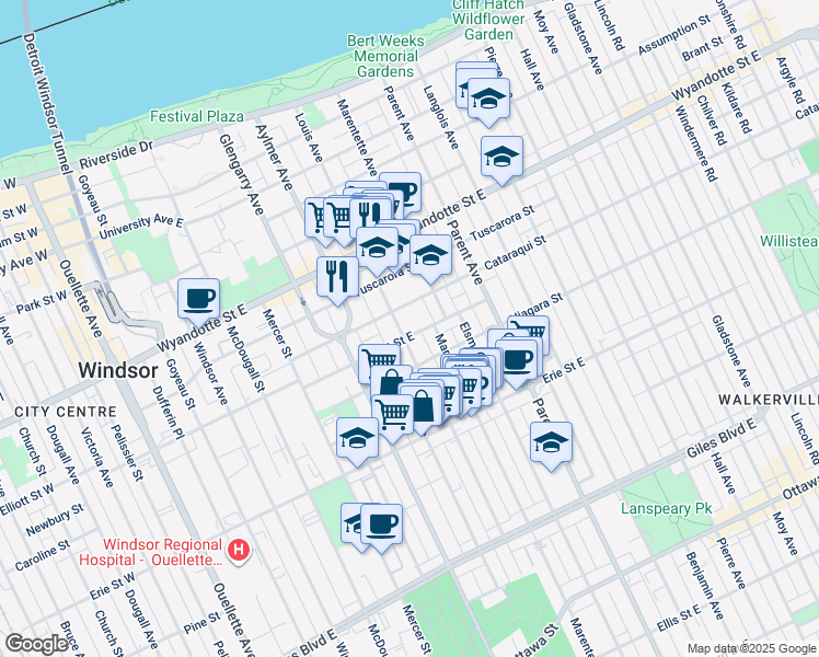 map of restaurants, bars, coffee shops, grocery stores, and more near in Windsor