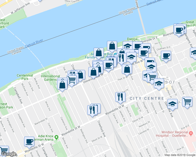 map of restaurants, bars, coffee shops, grocery stores, and more near 745 University Avenue West in Windsor