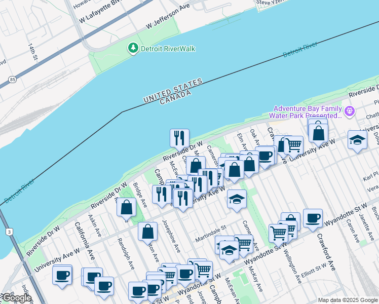 map of restaurants, bars, coffee shops, grocery stores, and more near in Windsor