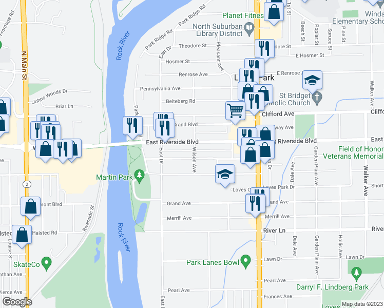 map of restaurants, bars, coffee shops, grocery stores, and more near 5814 Wilson Avenue in Loves Park