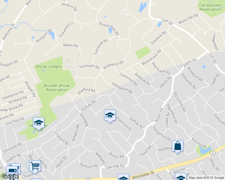 map of restaurants, bars, coffee shops, grocery stores, and more near 9 Shelburne Road in Wellesley