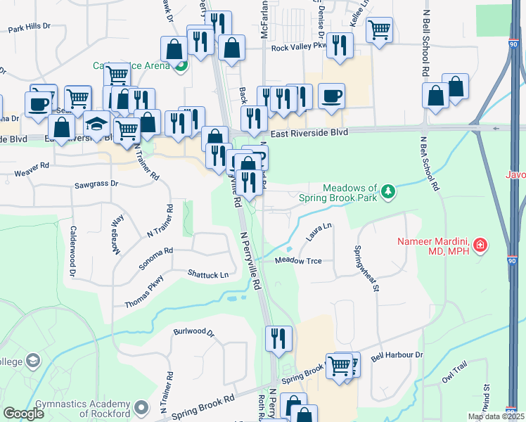 map of restaurants, bars, coffee shops, grocery stores, and more near 3780 McFarland Road in Rockford
