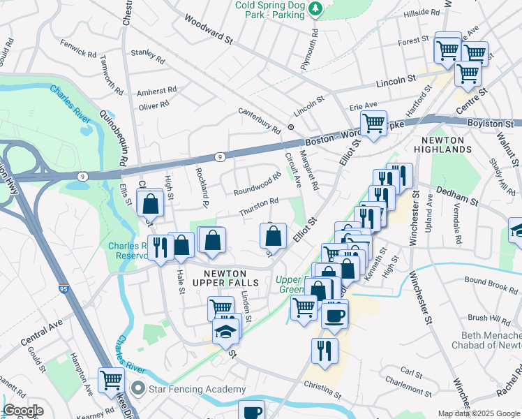map of restaurants, bars, coffee shops, grocery stores, and more near 56 Thurston Road in Newton
