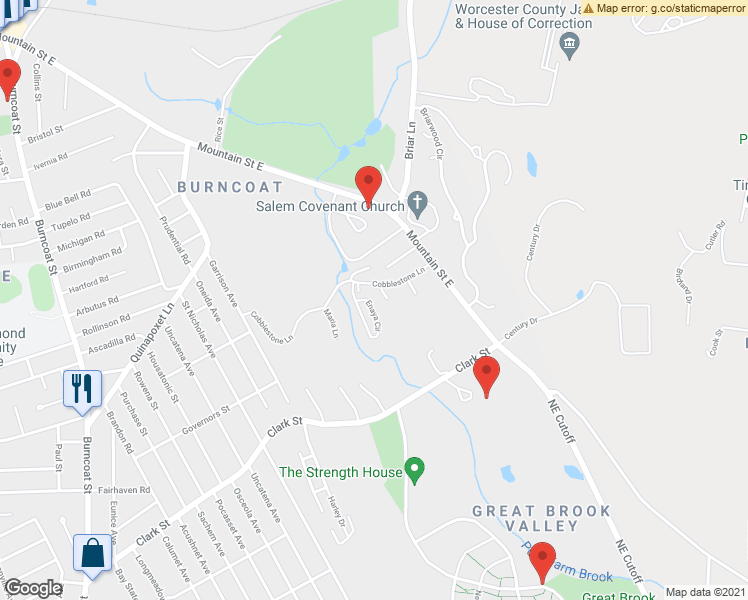 map of restaurants, bars, coffee shops, grocery stores, and more near 10 Maria Lane in Worcester