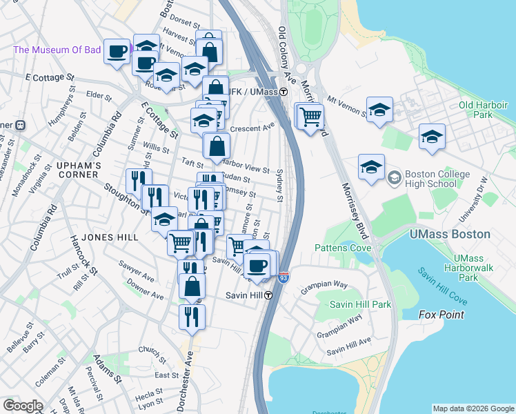 map of restaurants, bars, coffee shops, grocery stores, and more near 79 Saxton Street in Boston
