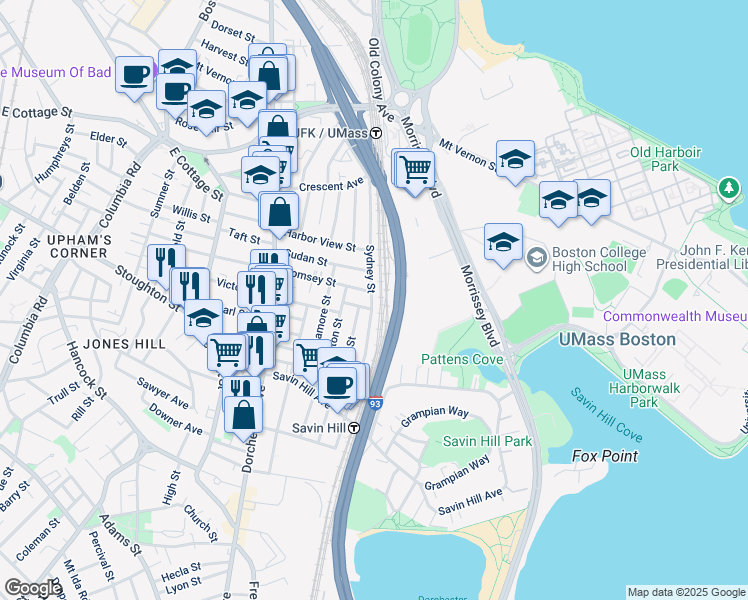 map of restaurants, bars, coffee shops, grocery stores, and more near 107 Sydney Street in Boston