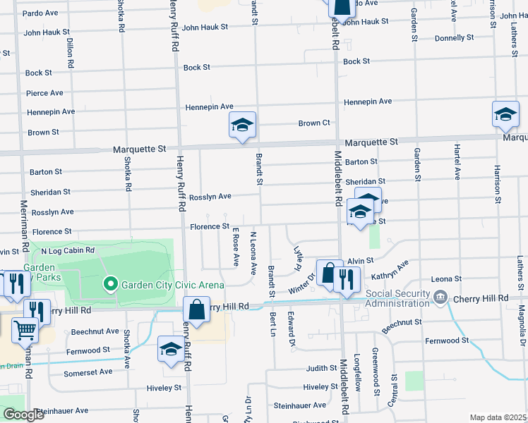 map of restaurants, bars, coffee shops, grocery stores, and more near 615 Brandt Street in Garden City