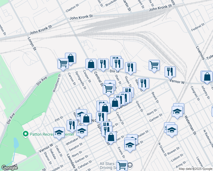 map of restaurants, bars, coffee shops, grocery stores, and more near 2552 Central Avenue in Detroit