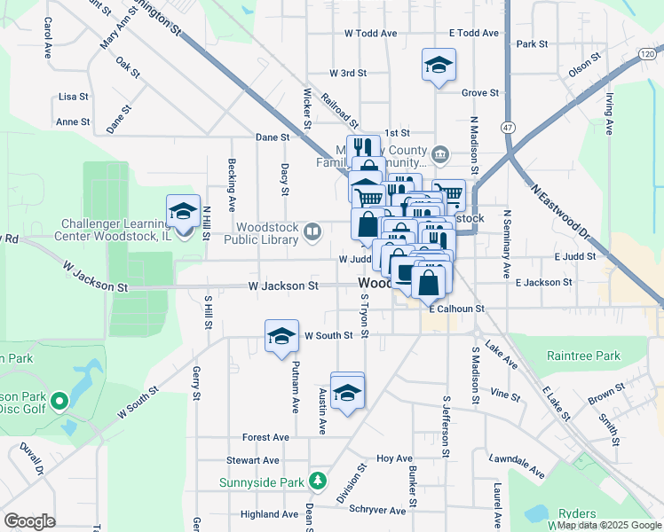 map of restaurants, bars, coffee shops, grocery stores, and more near 409 West Judd Street in Woodstock