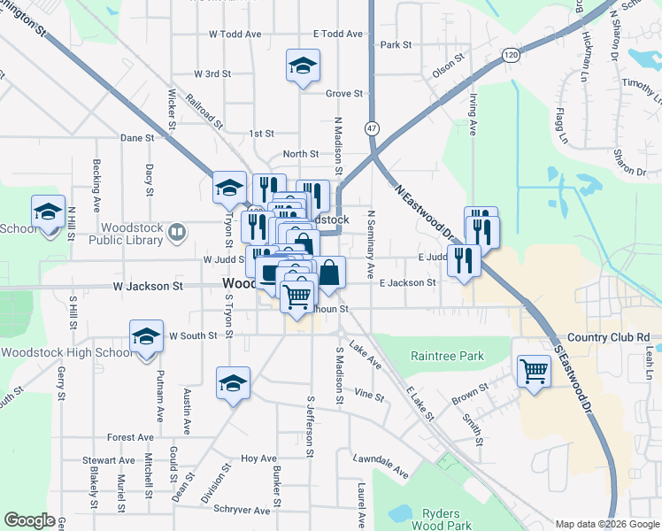 map of restaurants, bars, coffee shops, grocery stores, and more near 110 North Madison Street in Woodstock