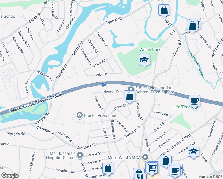 map of restaurants, bars, coffee shops, grocery stores, and more near 20 Norman Drive in Framingham